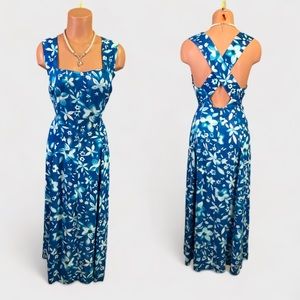Vintage 80s Hawaiian floral criss cross shoulder strap open back day dress